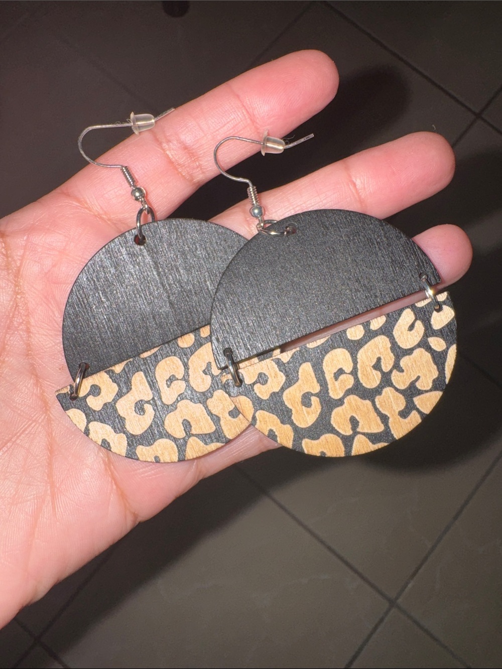 Women's Black and Tan Leopard Half-Moon Drop Earrings